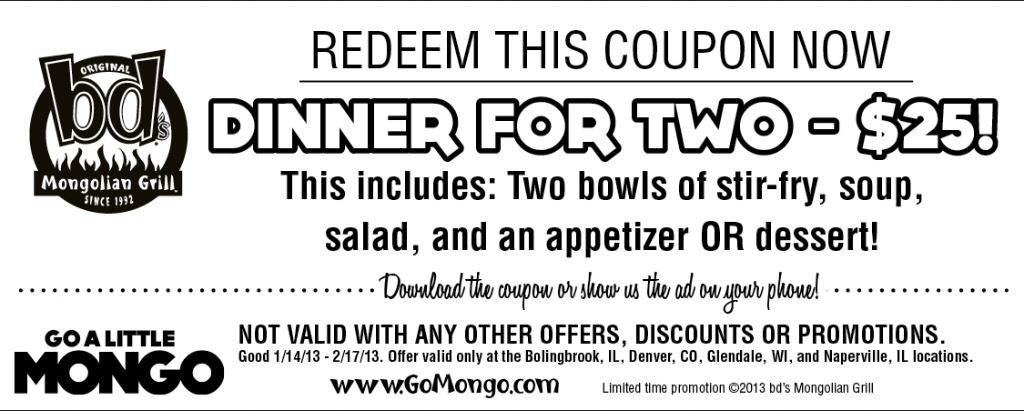 BDs Mongolian Grill Promo Coupon Codes and Printable Coupons